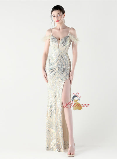 Memraid Sequins Spaghetti Straps Feather Split Prom Dress