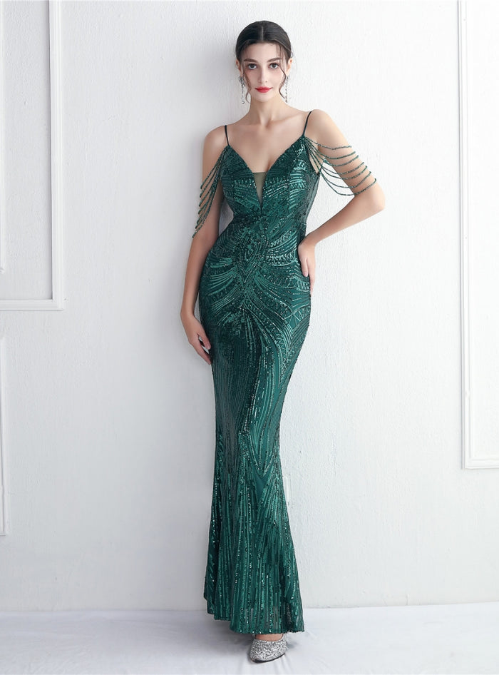 Spaghetti Straps Mermaid Beading Prom Dress