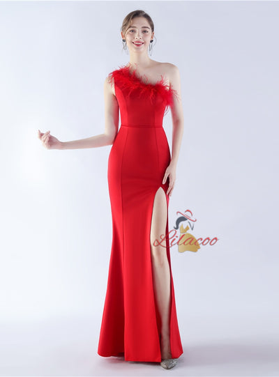 Mermaid One Shoulder Feather Split Prom Dress