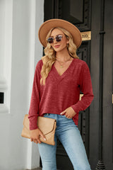 Solid Color V-neck Loose Casual Long Sleeve T-shirt