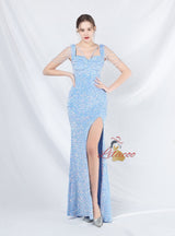 Straps Sequins Beading Split Prom Dress