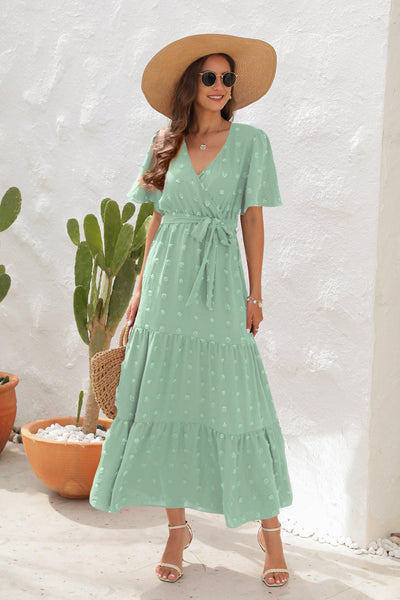 V-neck High Waist Short Sleeve Long Dress