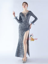 Long Sleeve Mermaid Sequins Split Prom Dress