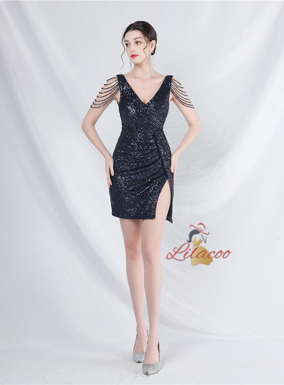 V-neck Sequins Beading Mini Prom Dress