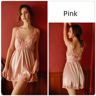 Lace Deep V Backless Suspender Nightdress Suit