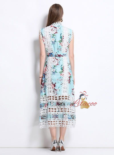 Openwork Lace Stitching Printed Dress
