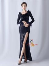 Long Sleeve V-neck Sequins Prom Dress
