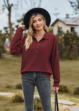 Solid Color Lapel Button Loose Long Sleeve Top