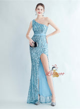 Mermaid One Shoulder Sequins Split Prom Dress