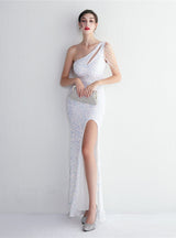 One Shoulder Sequins Beading Split Prom Dress