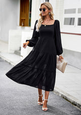 Solid Color Square Collar Long Sleeve Dress