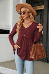Solid Color V-neck Button Loose Long Sleeve T-shirt