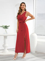 Sleeveless V-neck Shiny Split Dress