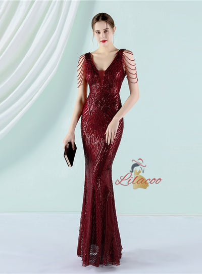 Mermaid V-neck Sequins Beading Prom Dress