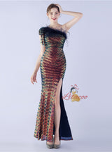 One Shoulder Split Sequins Prom Dress