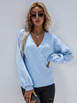 Cross V-neck Solid Color Pullover Loose Sweater