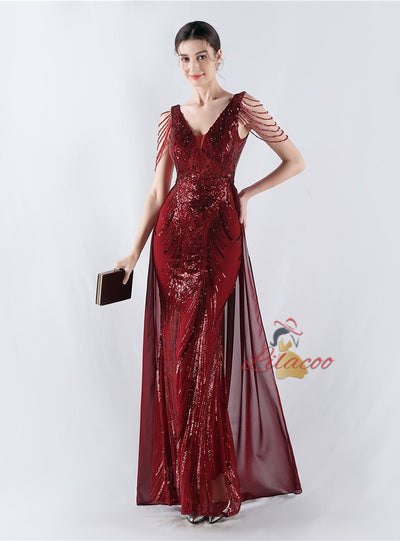 V-neck Tulle Sequins Beading Prom Dress