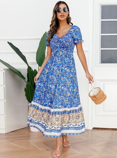 V-neck Puff Sleeves Drawstring Dress