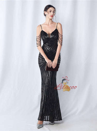 Mermaid Sequins Beading Spaghetti Straps Prom Dress