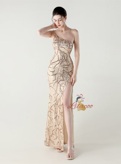 Mermaid One Shoulder Sequins Split Prom Dress