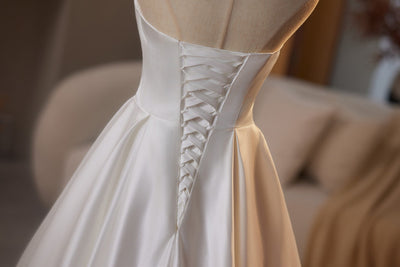 A-Line White Satin Pleats Wedding Dress