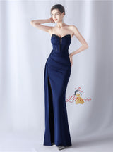 Mermaid Strapless Pleats Beading Split Prom Dress