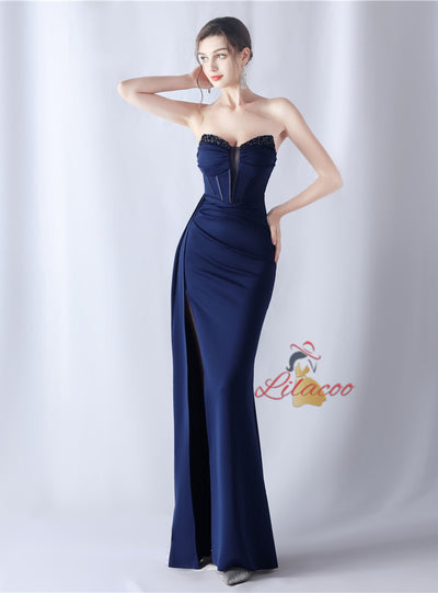 Mermaid Strapless Pleats Beading Split Prom Dress