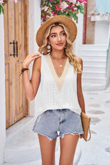 Solid Color Loose V-neck Lace T-shirt