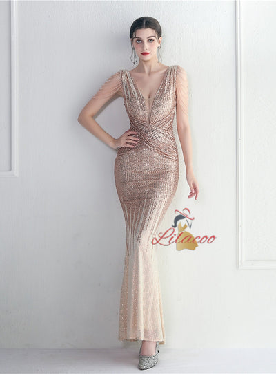 V-neck Sequins Beading Prom Dress