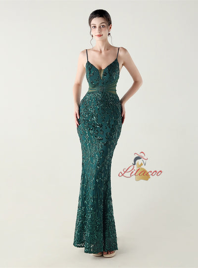 Mermaid Spaghetti Straps Sequins Beading Prom Dress