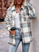 Autumn and Winter Casual Plaid Loose Pocket Coat