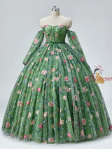 Green Tulle Long Sleeve Embroidery Prom Dress