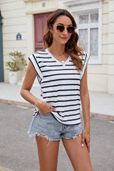 V-neck Striped Short Sleeve Loose T-shirt