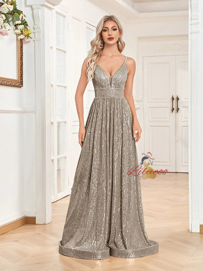 Deep V-neck Sequins Straps Prom Dress