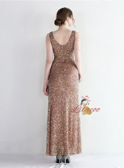 V-neck Sequins Beading Split Prom Dress