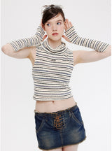 High-necked Sleeveless Striped Knitted Vest