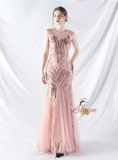 Mermaid Tulle Sequins Straps Prom Dress