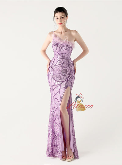 Mermaid One Shoulder Sequins Feather Prom Dress