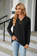 Solid Color V-neck Button Loose Long Sleeve T-shirt