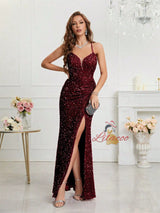 Pink Sequins V-neck Pleats Prom Dress