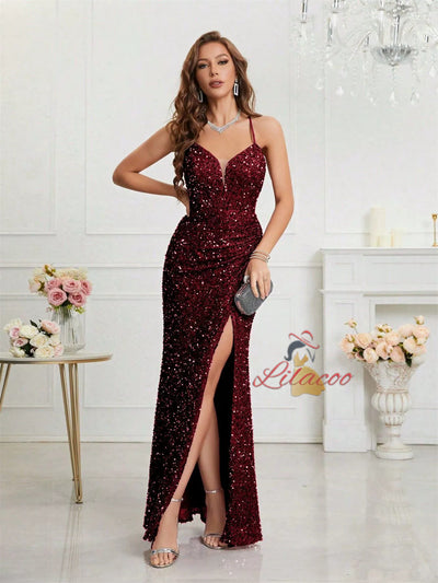 Pink Sequins V-neck Pleats Prom Dress