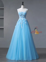 Blue Tulle Spaghetti Straps 3D Appliques Prom Dress