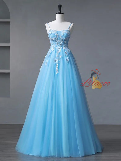 Blue Tulle Spaghetti Straps 3D Appliques Prom Dress