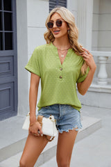 Solid Color V-neck Button Short Sleeve T-shirt