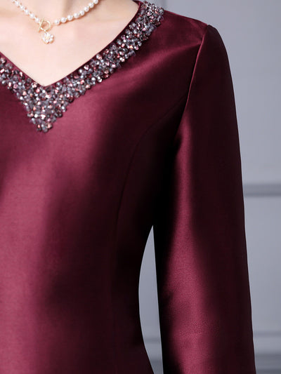 Red Satin V-neck Beading Mother Of The Bride Dress
