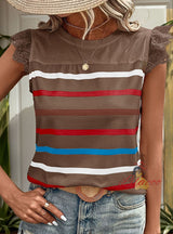 Casual Lace Lotus Leaf Sleeve Striped T-shirt