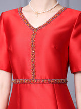 Burgundy Satin V-neck Mother Of The Bride Dress