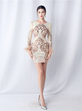 Long Sleeve Sequins Feather Short Prom Dress