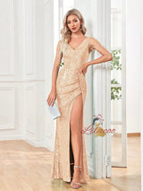 V-neck Sequined Slit Evening Dress