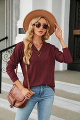 V-neck Button Loose Long Sleeve T-shirt